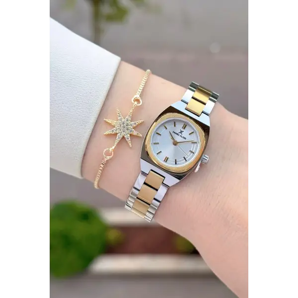 Gold Gümüş Renk Hediye Paketli 22,5 Mm Kadın Kol Saati