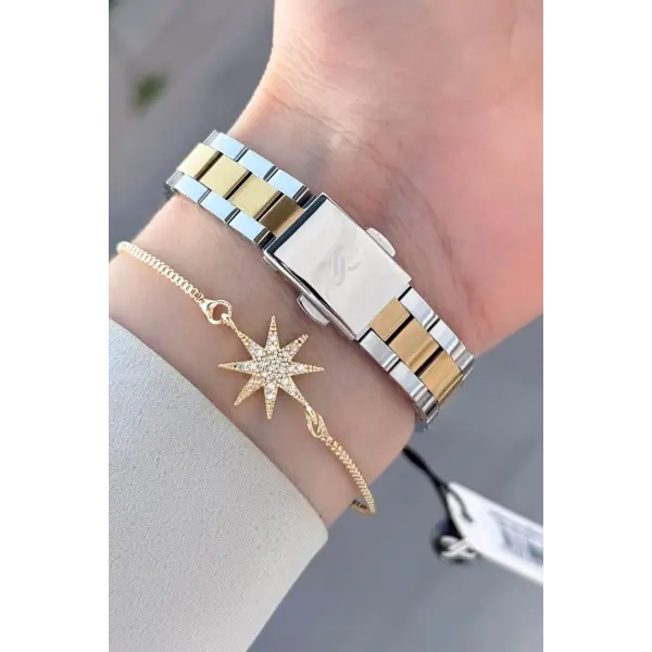 Gold Gümüş Renk Hediye Paketli 22,5 Mm Kadın Kol Saati
