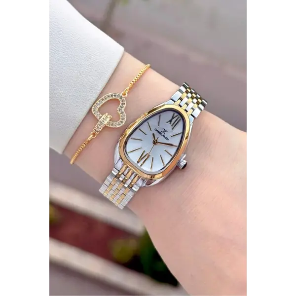 Gold Gümüş Renk 25 Mm Kadın Kol Saati ve Bileklik