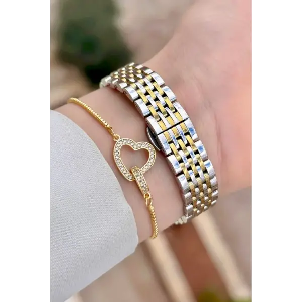 Gold Gümüş Renk 25 Mm Kadın Kol Saati ve Bileklik