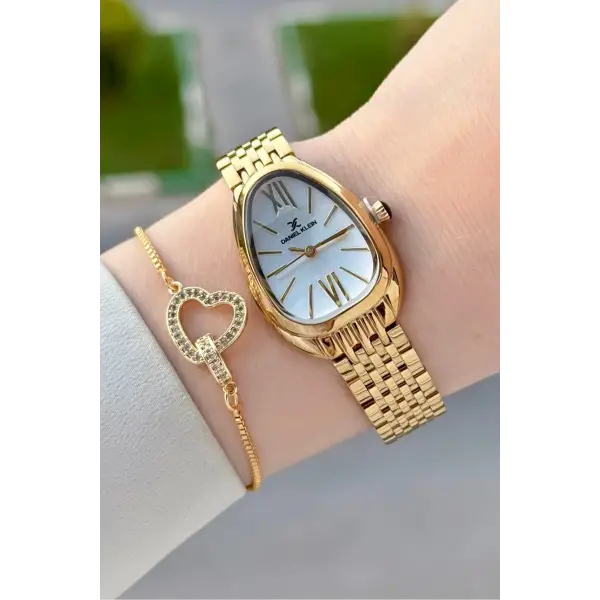 Gold Renk 25 Mm Kadın Kol Saati ve Bileklik