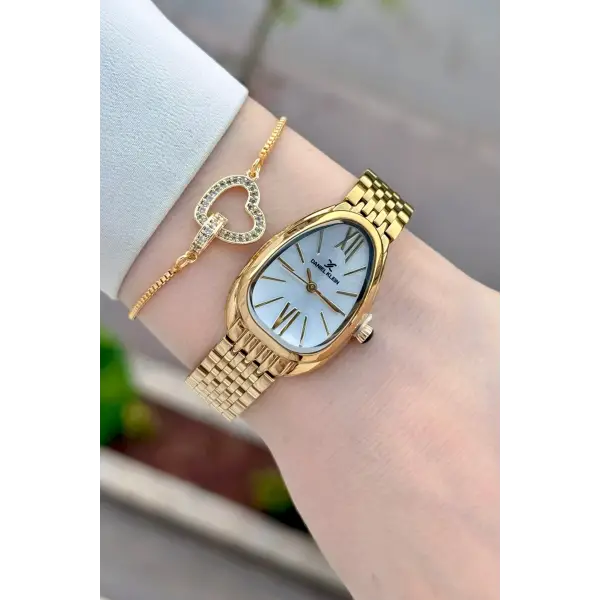 Gold Renk 25 Mm Kadın Kol Saati ve Bileklik