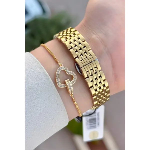 Gold Renk 25 Mm Kadın Kol Saati ve Bileklik