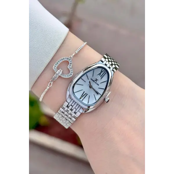Gümüş Renk 25 Mm Kadın Kol Saati ve Bileklik