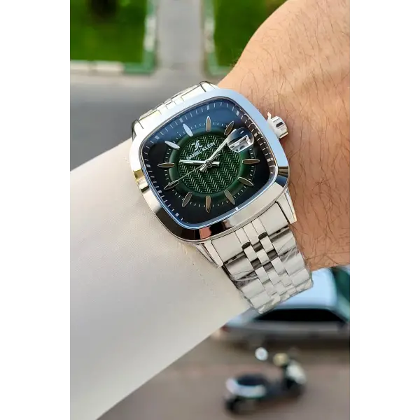 Kadranı Yeşil Kordonu Gümüş Renk 39 Mm Hediye Paketli Erkek Kol Saati