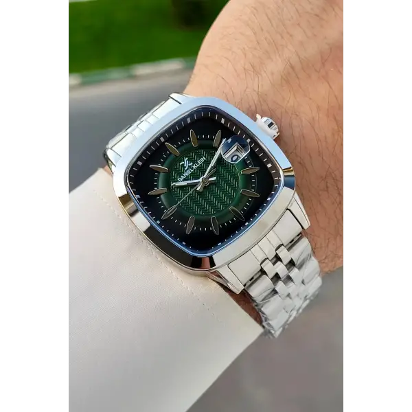 Kadranı Yeşil Kordonu Gümüş Renk 39 Mm Hediye Paketli Erkek Kol Saati
