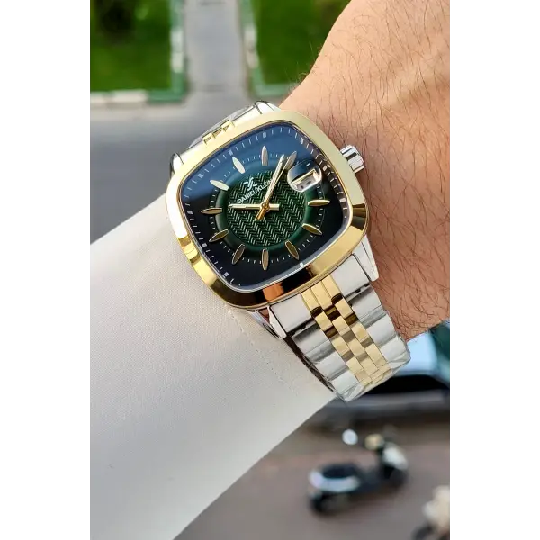 Kadranı Yeşil Kordonu Gold Gümüş Renk 39 Mm Hediye Paketli Erkek Kol Saati