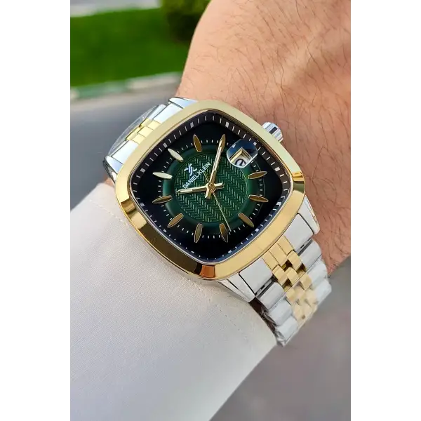 Kadranı Yeşil Kordonu Gold Gümüş Renk 39 Mm Hediye Paketli Erkek Kol Saati