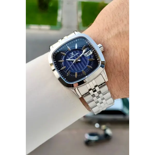 Kadranı Lacivert Kordonu Gümüş Renk 39 Mm Hediye Paketli Erkek Kol Saati