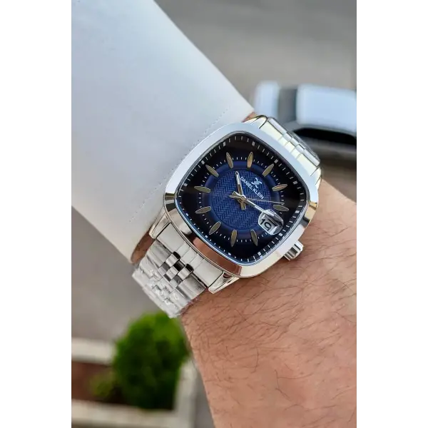 Kadranı Lacivert Kordonu Gümüş Renk 39 Mm Hediye Paketli Erkek Kol Saati