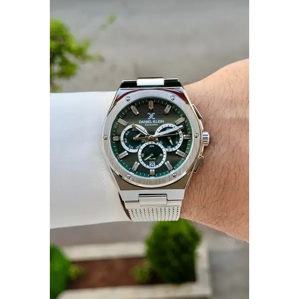 Kadranı Yeşil Kordonu Gümüş Renk 42 Mm Hediye Paketli Erkek Kol Saati