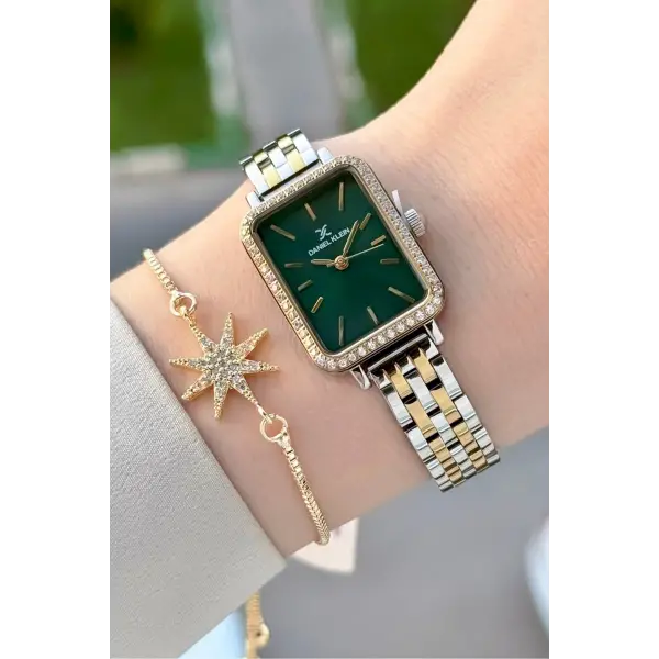 Kadranı Yeşil Kordonu Gold Gümüş Renk Hediye Paketli 21 Mm Kadın Kol Saati