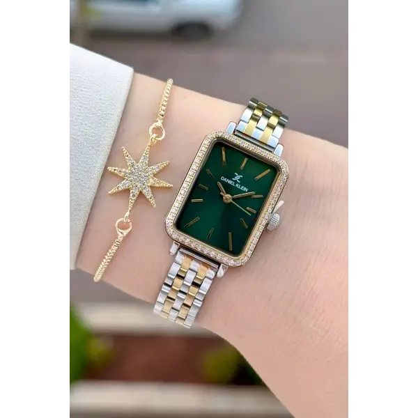 Kadranı Yeşil Kordonu Gold Gümüş Renk Hediye Paketli 21 Mm Kadın Kol Saati