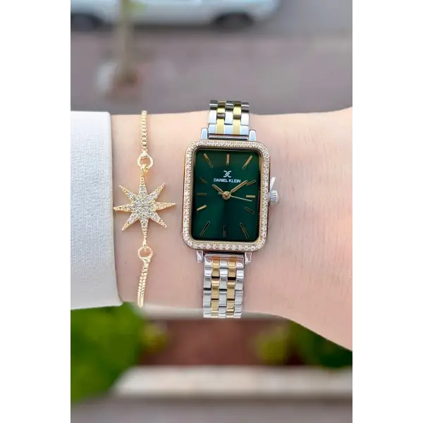 Kadranı Yeşil Kordonu Gold Gümüş Renk Hediye Paketli 21 Mm Kadın Kol Saati