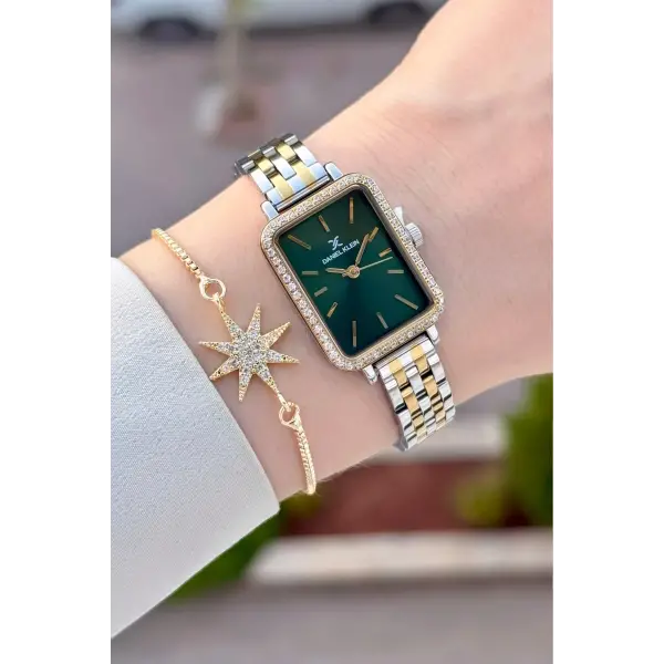Kadranı Yeşil Kordonu Gold Gümüş Renk Hediye Paketli 21 Mm Kadın Kol Saati