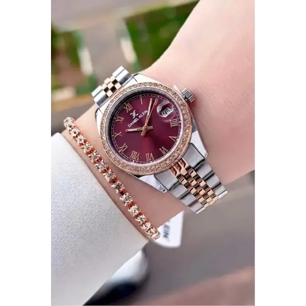 Kadranı Bordo Kordonu Rose Gümüş Renk 32,5 mm Takvimli Kadın Kol Saati ve Bileklik