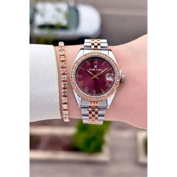 Kadranı Bordo Kordonu Rose Gümüş Renk 32,5 mm Takvimli Kadın Kol Saati ve Bileklik