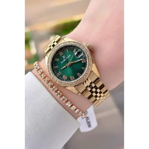 Kadranı Yeşil Kordonu Gold Renk 32,5 mm Takvimli Kadın Kol Saati ve Bileklik