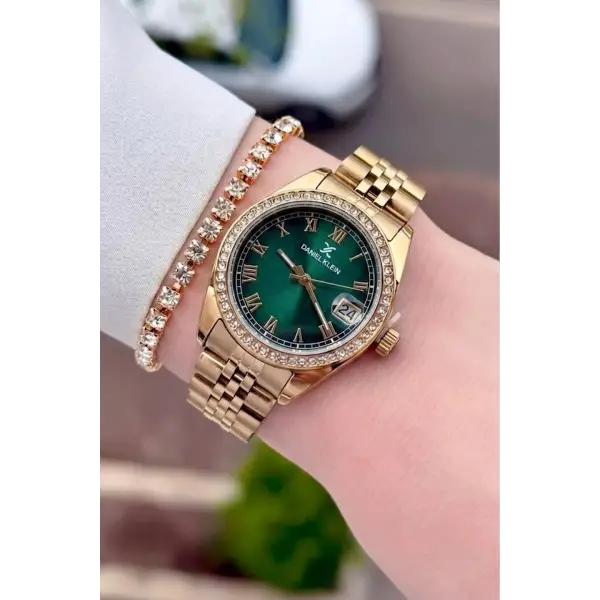 Kadranı Yeşil Kordonu Gold Renk 32,5 mm Takvimli Kadın Kol Saati ve Bileklik