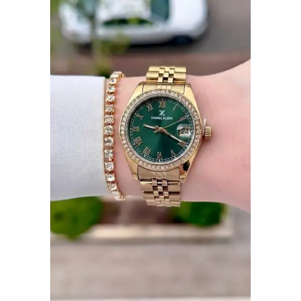 Kadranı Yeşil Kordonu Gold Renk 32,5 mm Takvimli Kadın Kol Saati ve Bileklik