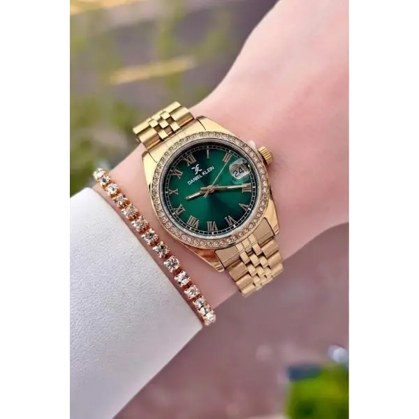 Kadranı Yeşil Kordonu Gold Renk 32,5 mm Takvimli Kadın Kol Saati ve Bileklik