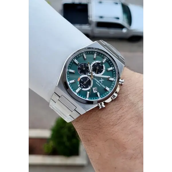 Kadranı Yeşil Kordonu Gümüş Renk Hediye Paketli 44 Mm Erkek Kol Saati