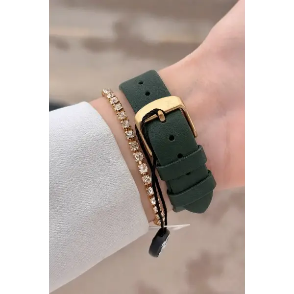 Kasası Gold Kordonu Yeşil Renk Kadın Kol Saati ve Bileklik