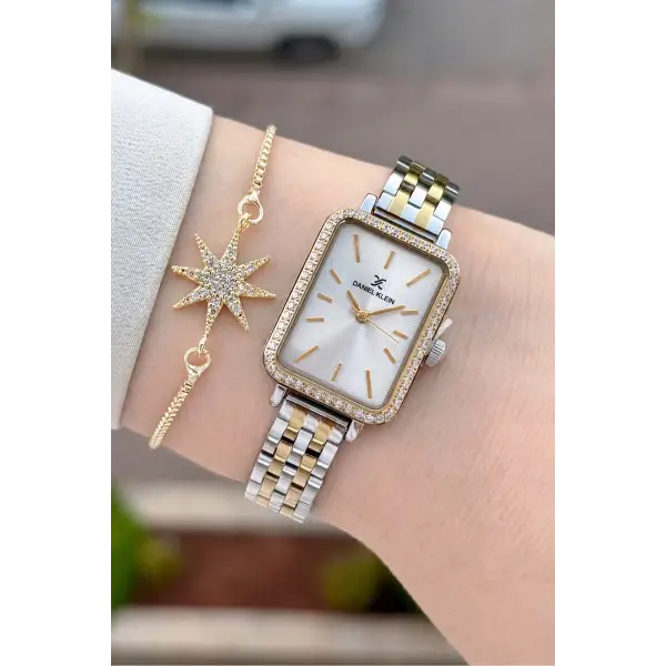 Gold Gümüş Renk Hediye Paketli 21 Mm Kadın Kol Saati ve Bileklik
