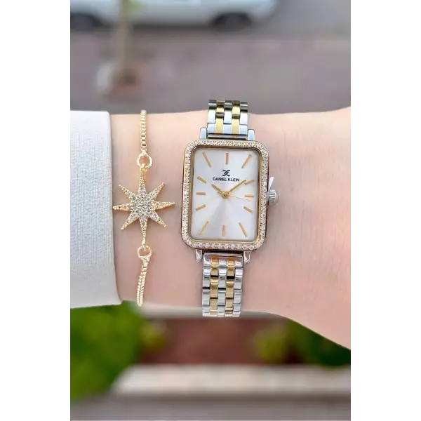 Gold Gümüş Renk Hediye Paketli 21 Mm Kadın Kol Saati ve Bileklik
