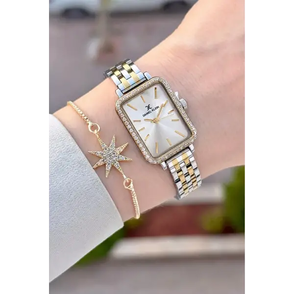 Gold Gümüş Renk Hediye Paketli 21 Mm Kadın Kol Saati ve Bileklik