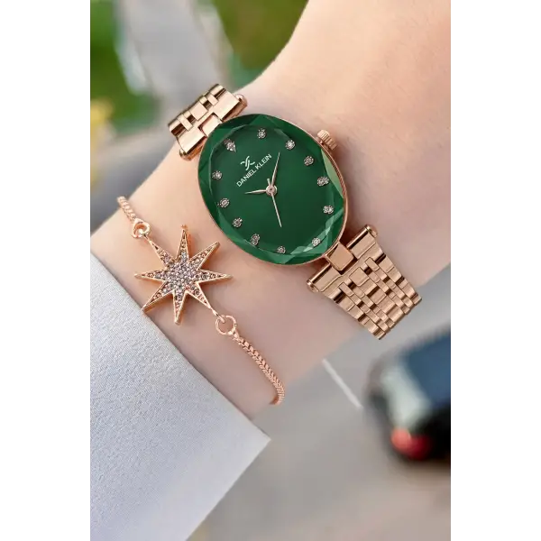 Kadranı Yeşil Kordonu Rose Renk Hediye Paketli 24 Mm Kadın Kol Saati ve Bileklik