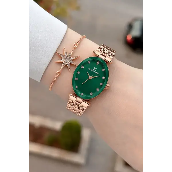 Kadranı Yeşil Kordonu Rose Renk Hediye Paketli 24 Mm Kadın Kol Saati ve Bileklik