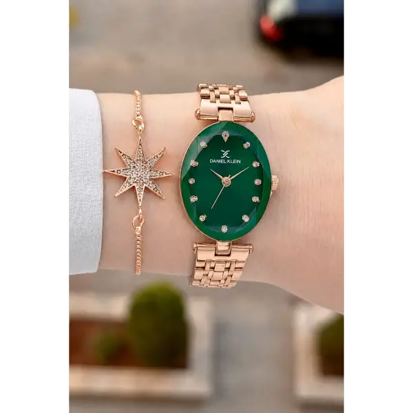 Kadranı Yeşil Kordonu Rose Renk Hediye Paketli 24 Mm Kadın Kol Saati ve Bileklik