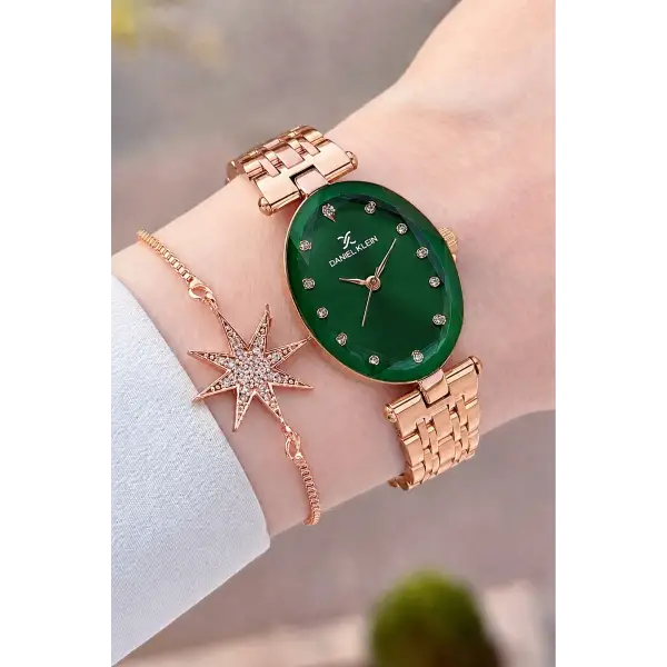 Kadranı Yeşil Kordonu Rose Renk Hediye Paketli 24 Mm Kadın Kol Saati ve Bileklik