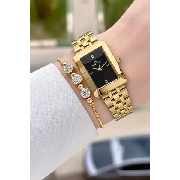 Kadranı Siyah Kodronu Gold Renk Hediye Paketli 22 Mm Kadın Kol Saati ve Bileklik ve Bileklik