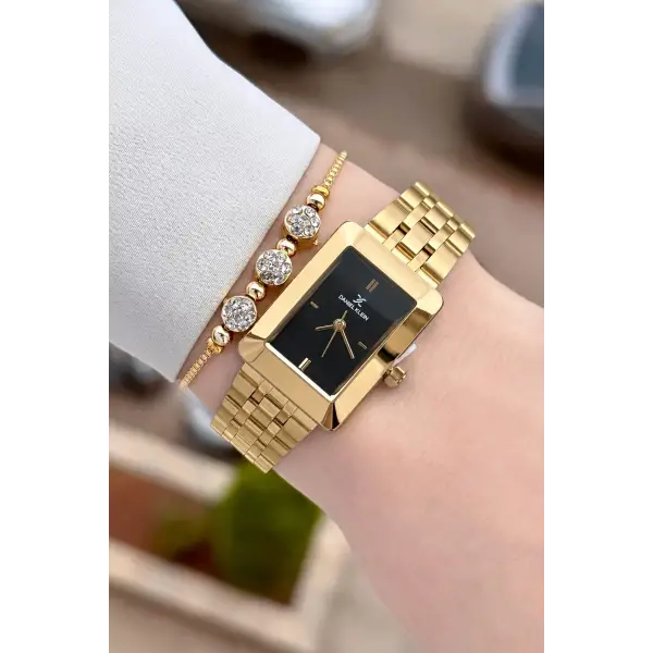 Kadranı Siyah Kodronu Gold Renk Hediye Paketli 22 Mm Kadın Kol Saati ve Bileklik ve Bileklik