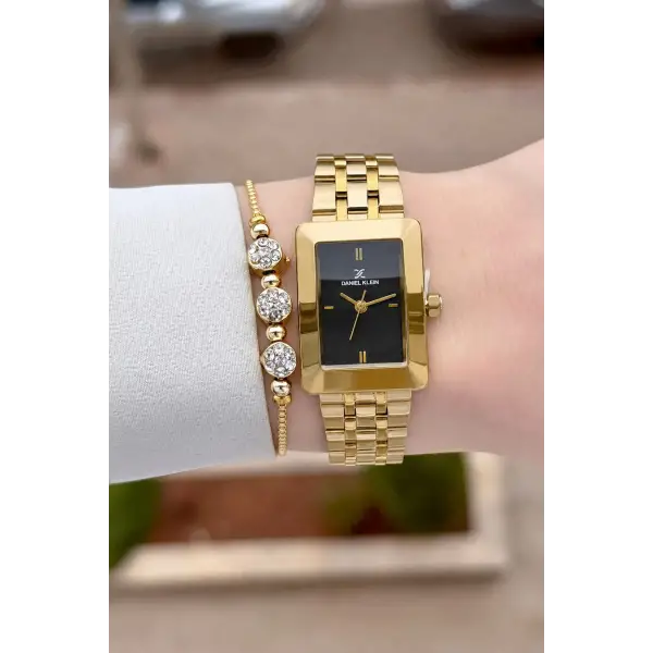 Kadranı Siyah Kodronu Gold Renk Hediye Paketli 22 Mm Kadın Kol Saati ve Bileklik ve Bileklik