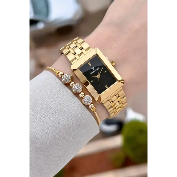 Kadranı Siyah Kodronu Gold Renk Hediye Paketli 22 Mm Kadın Kol Saati ve Bileklik ve Bileklik