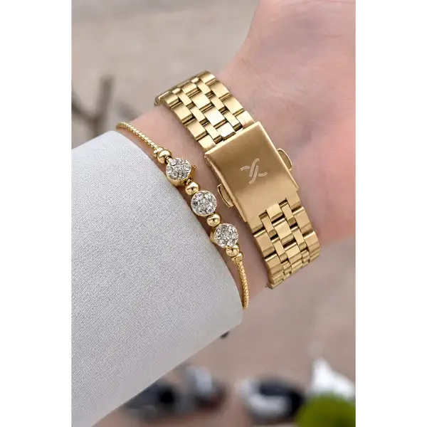 Kadranı Siyah Kodronu Gold Renk Hediye Paketli 22 Mm Kadın Kol Saati ve Bileklik ve Bileklik