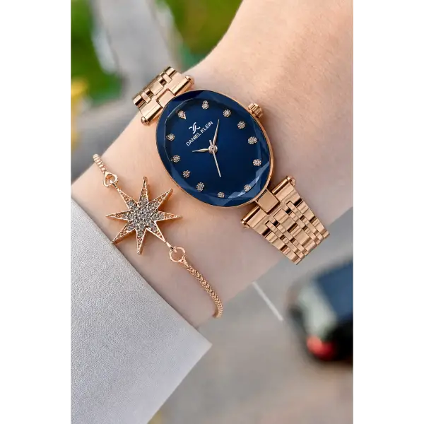 Kadranı Lacivert Kordonu Rose Renk Hediye Paketli 24 Mm Kadın Kol Saati ve Bileklik