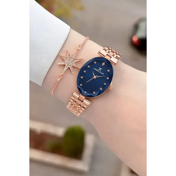 Kadranı Lacivert Kordonu Rose Renk Hediye Paketli 24 Mm Kadın Kol Saati ve Bileklik