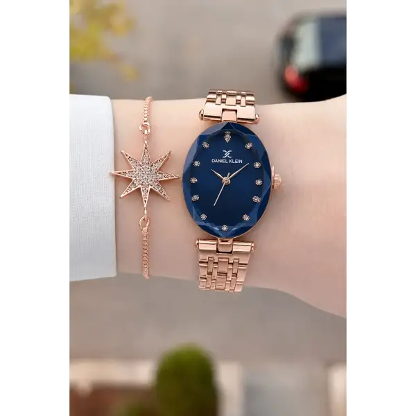 Kadranı Lacivert Kordonu Rose Renk Hediye Paketli 24 Mm Kadın Kol Saati ve Bileklik