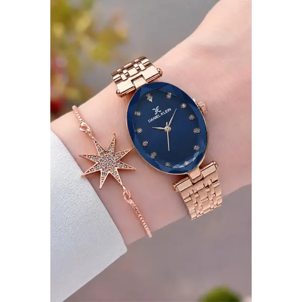 Kadranı Lacivert Kordonu Rose Renk Hediye Paketli 24 Mm Kadın Kol Saati ve Bileklik