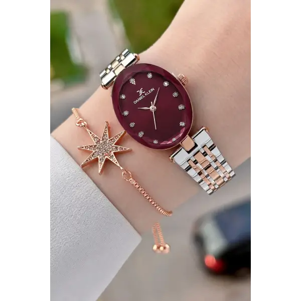Kadranı Bordo Kordonu Rose Gümüş Renk Hediye Paketli 24 Mm Kadın Kol Saati ve Bileklik