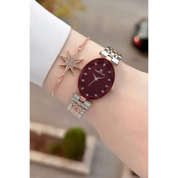 Kadranı Bordo Kordonu Rose Gümüş Renk Hediye Paketli 24 Mm Kadın Kol Saati ve Bileklik