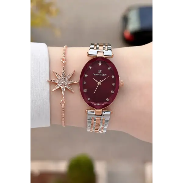 Kadranı Bordo Kordonu Rose Gümüş Renk Hediye Paketli 24 Mm Kadın Kol Saati ve Bileklik