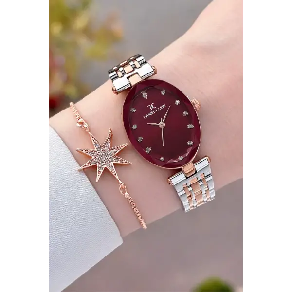 Kadranı Bordo Kordonu Rose Gümüş Renk Hediye Paketli 24 Mm Kadın Kol Saati ve Bileklik