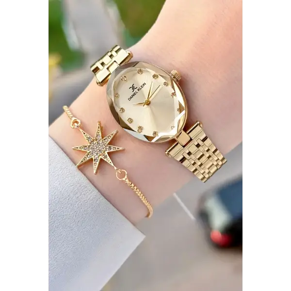 Kadranı Sarı Kordonu Gold Renk Hediye Paketli 24 Mm Kadın Kol Saati ve Bileklik