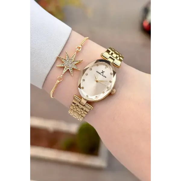 Kadranı Sarı Kordonu Gold Renk Hediye Paketli 24 Mm Kadın Kol Saati ve Bileklik