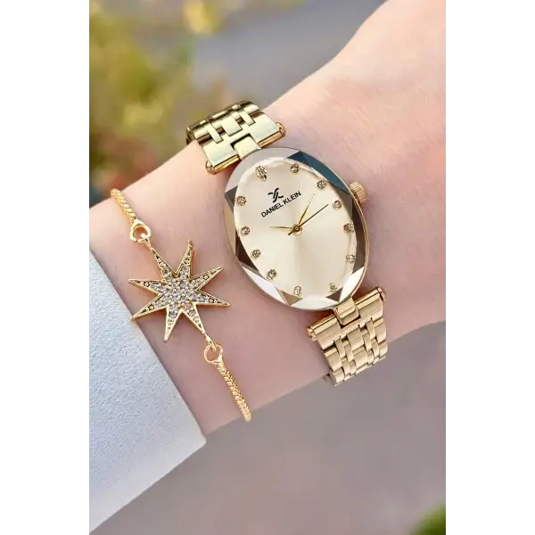 Kadranı Sarı Kordonu Gold Renk Hediye Paketli 24 Mm Kadın Kol Saati ve Bileklik